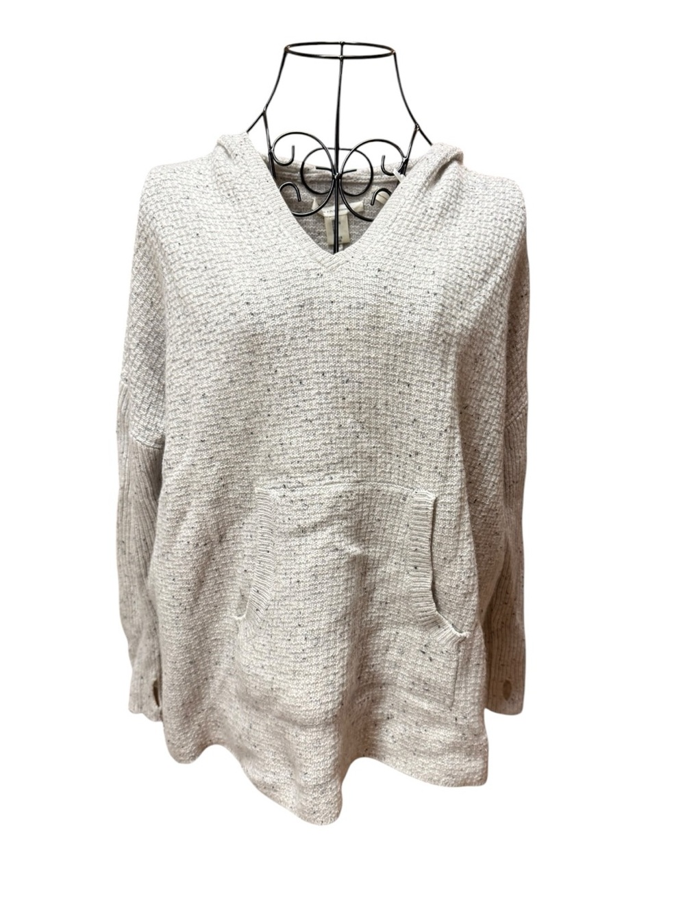 Heather Cream Gray 100% 2-ply Cashmere V-Neck Hoodie Sweater Large